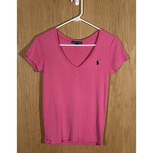Vtg Y2K Ralph Lauren Women's Sz M V-Neck T-Shirt Preppy Pink Slim Fit Blue Logo